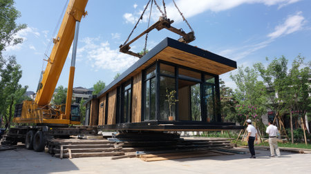 A modern prefabricated house being installed with a crane, showcasing construction workers in an urban setting. Ideal for themes of innovation and residential design.の素材