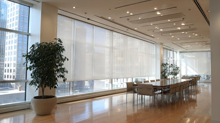 Spacious modern conference room featuring large windows that invite natural light, minimalist decor, and a professional atmosphere perfect for meetings.の素材