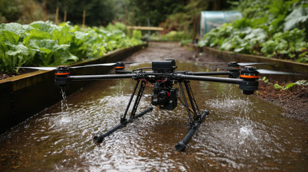 A high-tech drone is seen watering plants in a vibrant farm setting, showcasing modern agricultural practices amidst lush greenery and muddy pathways.の素材