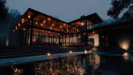 A stunning modern architectural design showcases a glass facade illuminated with ambient lighting, creating a serene atmosphere at dusk. The reflection on the water adds to the tranquil beauty of the setting, perfect for relaxation or leisure.の素材