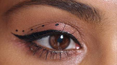 This close-up captures a stunning eye adorned with bold eyeliner and intricate black dot designs, showcasing exquisite makeup artistry and elegance.の素材