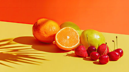 A vibrant and colorful display of fresh fruits including oranges, lemons, cherries, and strawberries set against a striking background. The arrangement creates a lively and refreshing atmosphere, perfect for health-oriented visuals.の素材