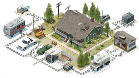 This isometric illustration showcases a suburban house surrounded by various utility structures and vehicles, depicting a detailed community layout.の素材