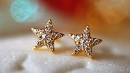 Close-up view of elegant star-shaped earrings adorned with sparkling gems. Perfect for showcasing luxury and beauty in fashion and accessories imagery.の素材