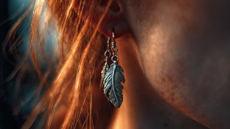 A captivating close-up of a silver feather earring worn by a woman with warm red hair, illuminated by natural light, highlighting intricate details.の素材