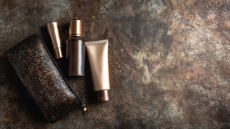 A sophisticated flatlay featuring a stylish pouch alongside various beauty products, perfect for skincare and makeup enthusiasts seeking elegance in self-care.の素材