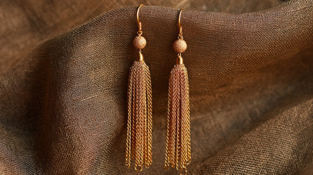 Close-up view of a stunning pair of golden tassel earrings elegantly placed on textured fabric. Perfect for fashion showcases or jewelry promotions.の素材