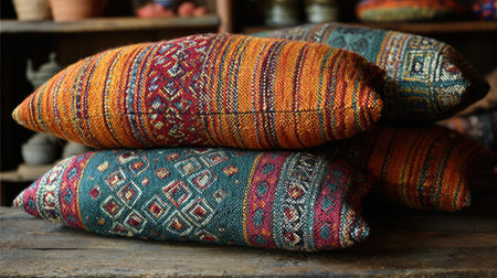 Discover a charming arrangement of handwoven decorative pillows featuring vibrant colors and intricate patterns, perfect for enriching any interior space.の素材