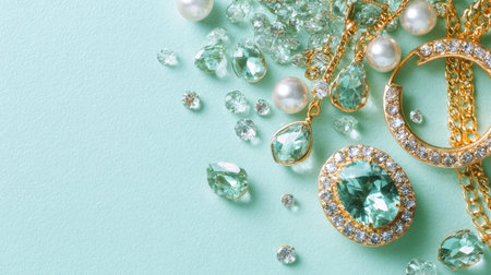 This stunning arrangement showcases elegant jewelry, including glimmering gemstones and classic pearls, laid out on a mint green backdrop, perfect for luxury lifestyle imagery.の素材