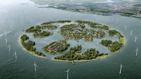 Explore a stunning aerial view of a futuristic eco-island featuring lush greenery, innovative architecture, and wind turbines, showcasing sustainable living.の素材