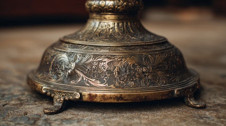 A close-up view of an antique lamp base featuring intricate floral engraving, capturing the beauty of vintage decor with soft natural light.の素材