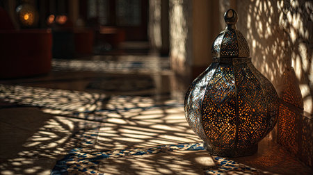 This stunning image features a Moroccan lantern casting intricate shadows on an elegant floor, creating a warm and inviting ambiance, perfect for interior design inspiration.の素材