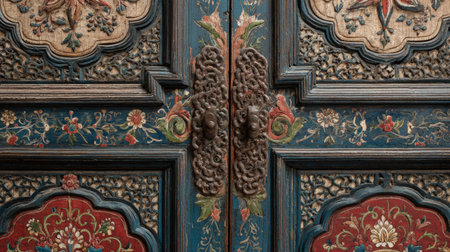 This image showcases an intricately designed wooden door featuring vibrant floral motifs and unique metal handles, embodying cultural artistry and craftsmanship.の素材