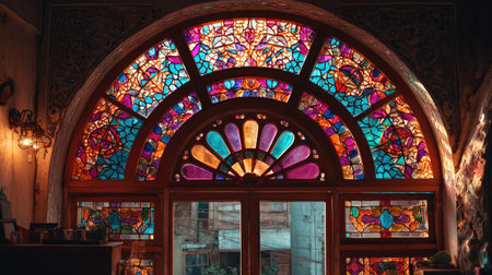 An exquisite stained glass window showcasing intricate patterns and vibrant colors, illuminating a historic interior with artistic beauty and charm.の素材