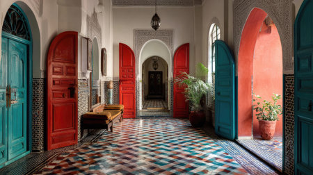 A stunning view of a vibrant Moroccan interior showcasing colorful doors and intricate tile patterns, creating an inviting and serene atmosphere perfect for design inspiration.の素材
