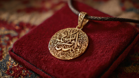 This stunning gold pendant features intricate Arabic calligraphy, elegantly presented on a rich red velvet surface, showcasing luxury and artistry.の素材