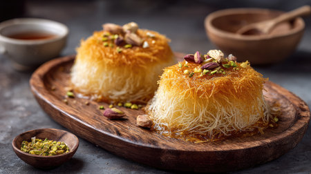 This image showcases a mouthwatering Middle Eastern dessert featuring crunchy vermicelli topped with nuts and drizzled in honey, beautifully plated on wood.の素材