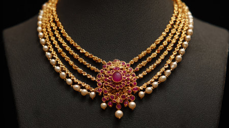 This stunning gold necklace features intricate detailing with pearls and a striking pink stone pendant, ideal for festivals and traditional wear.の素材