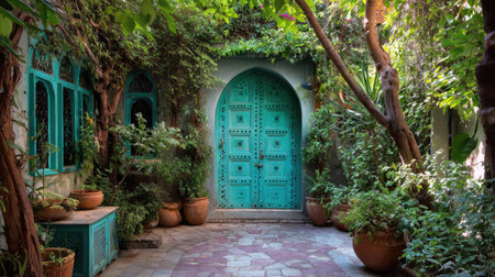 Explore the beauty of a turquoise doorway nestled in a lush courtyard filled with vibrant plants, creating a serene and inviting atmosphere.の素材