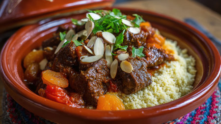 This beautiful Moroccan beef tagine is served with couscous and garnished with almonds and dried fruits, showcasing vibrant colors and rich flavors.の素材