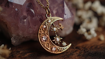 Intricate gold moon pendant adorned with sparkling stars and crystals, beautifully showcased on a vintage surface, perfect for jewelry enthusiasts.の素材