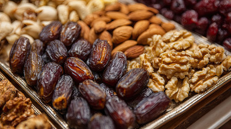 A visually appealing arrangement of various nuts and dried fruits on a silver tray. This image showcases a combination of almonds, walnuts, and dates, promoting healthy snacking and gourmet appeal. Perfect for culinary inspiration or food-related projects.の素材
