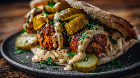 A mouthwatering pita sandwich filled with crispy falafel, tangy pickles, and creamy tahini sauce, garnished with fresh herbs, perfect for any meal.の素材