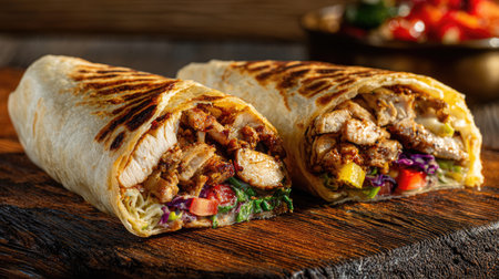This image features a mouthwatering grilled chicken burrito wrapped in a tortilla, filled with fresh vegetables and savory sauce, perfect for any meal.の素材