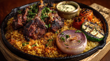 Experience the vibrant colors and flavors of a sizzling platter featuring grilled meat, aromatic rice, and fresh vegetables, perfect for any food lover.の素材