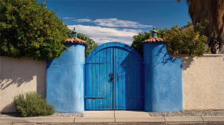 A vibrant blue gate stands out against a background of lush greenery and a clear sky, creating a welcoming entrance to a charming garden setting.の素材