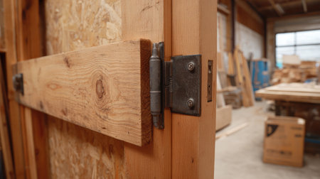 This close-up image captures a wooden door hinge in a rustic workshop, featuring natural light and a variety of tools in the background, emphasizing craftsmanship.の素材