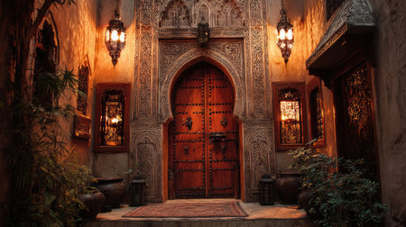 A captivating Moroccan doorway showcasing exquisite craftsmanship and intricate designs. Warm ambient lighting enhances the rustic charm and cultural essence of this historic entrance, beckoning visitors to explore.の素材