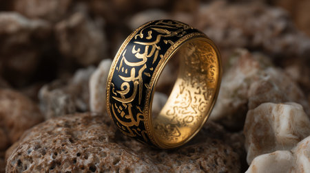 This stunning ring features a striking gold and black color scheme with intricate Arabic calligraphy. Perfect for photography or art representation.の素材