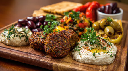 A vibrant platter showcasing a variety of Mediterranean dishes including falafel, hummus, olives, and fresh vegetables, ideal for healthy dining.の素材