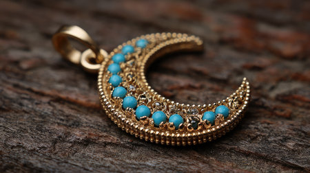 This stunning gold crescent moon pendant features beautiful turquoise beads, elegantly showcased against a rustic wooden background, perfect for jewelry lovers.の素材