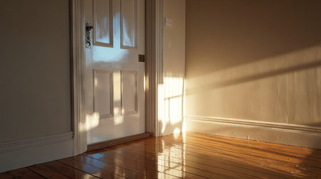 A serene scene showcasing sunlight filtering through a doorway, casting shadows on a polished wooden floor in a minimalistic empty room, evoking tranquility.の素材