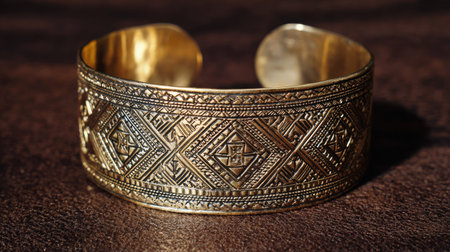 This photograph features an exquisite gold cuff bracelet adorned with intricate geometric patterns, highlighting detailed craftsmanship and luxury.の素材