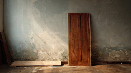 A rustic wooden door leans against a weathered wall in an abandoned room, capturing a moment of decay with soft natural light illuminating the scene.の素材