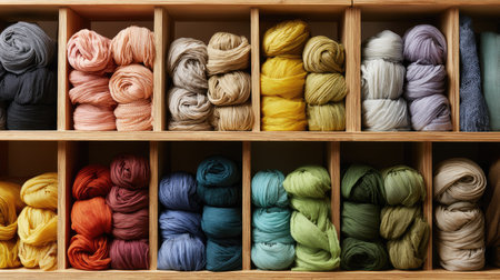 A stunning collection of neatly arranged yarn bundles in various colors, ideal for craft enthusiasts and knitting projects, showcasing creativity and texture.の素材