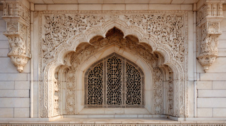 This image showcases the intricate stone carvings of a historic Indian building, featuring ornate designs and a stunning jali window. The craftsmanship reflects rich cultural heritage and artistry.の素材