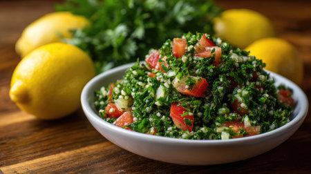A vibrant tabbouleh salad made with fresh parsley, diced tomatoes, bulgur, and lemon juice, garnished for a delicious Mediterranean dish.の素材