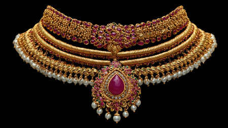 This exquisite traditional gold necklace features vibrant ruby and lustrous pearl accents. Ideal for bridal wear or festive occasions, it showcases exceptional craftsmanship and elegance.の素材
