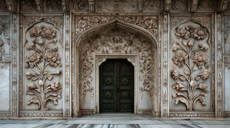Explore a stunning carved entrance featuring exquisite floral designs in a historical setting, showcasing intricate details and artistry.の素材