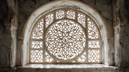 This image captures an ornate stone window with intricate floral patterns showcasing delicate craftsmanship. The design blends beauty and historical architecture, offering a glimpse into cultural heritage.の素材