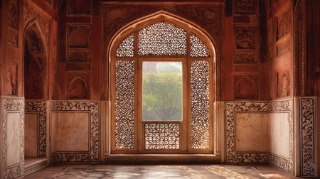 Captivating view of an ornate window within a historic Indian palace, showcasing intricate architectural designs and enchanting light play on the walls.の素材