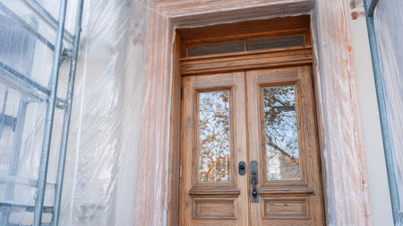 This image features an elegant wooden door with intricate craftsmanship, framed perfectly in a renovation setting, inviting natural light.の素材