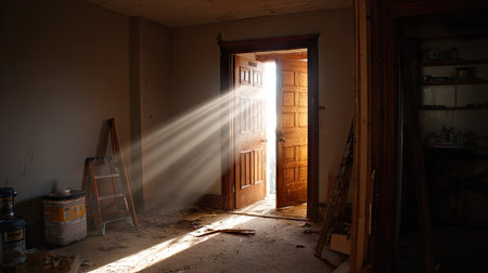 An open door reveals rays of sunlight filtering through dust in an abandoned room. The atmosphere blends warmth with mystery, inviting exploration and reflection.の素材