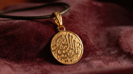 A stunning close-up of a gold pendant featuring intricate Arabic calligraphy, showcased elegantly on a soft burgundy velvet background, embodying cultural heritage.の素材