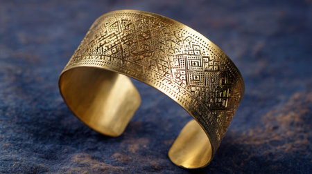 This stunning gold cuff bracelet showcases intricate geometric patterns and a rich texture, perfect for adding elegance to any outfit. Ideal for fashion enthusiasts and collectors.の素材