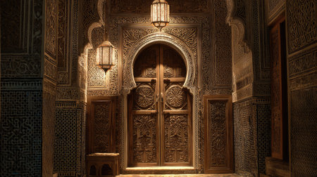 This stunning image showcases a richly detailed Moroccan archway featuring an intricately carved wooden door, surrounded by warm, inviting light from ornate lanterns.の素材